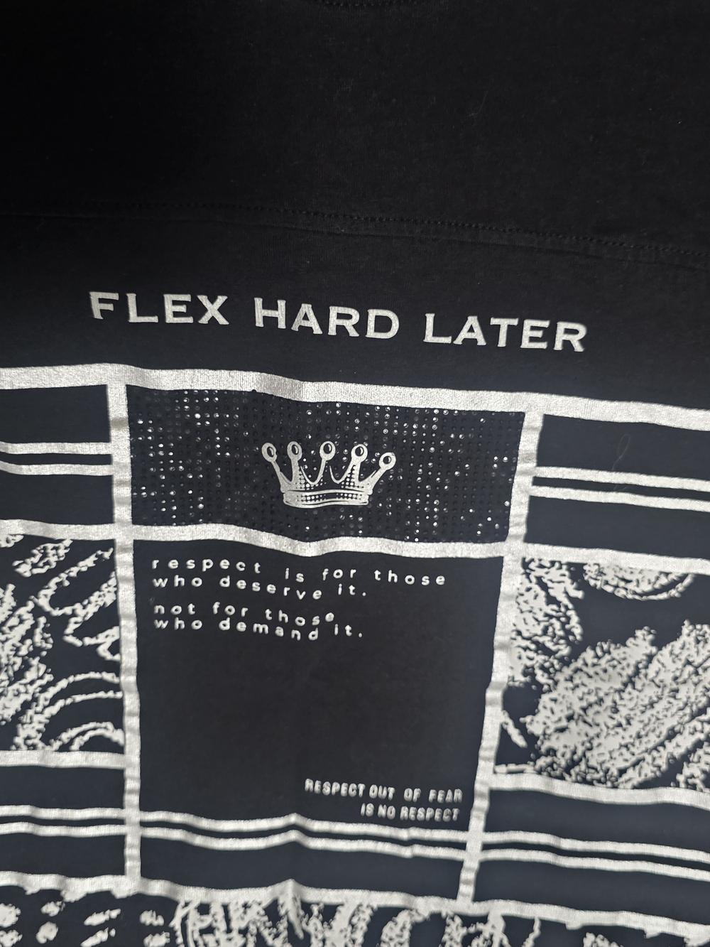 Black Short-Sleeve Graphic Tee with 'Flex Hard Later' Print